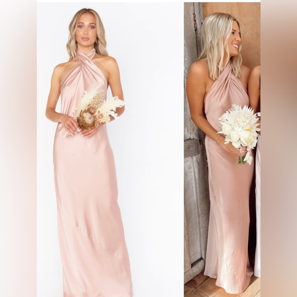 SHOW ME YOUR MUMU JASMINE HALTER MAXI DRESS ROSE GOLD LUXE SATIN SIZE SMALL